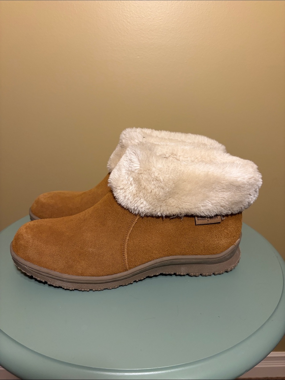 Minnetonka Tan Suede Faux-Fur Cuffed Women's Ankle Boots